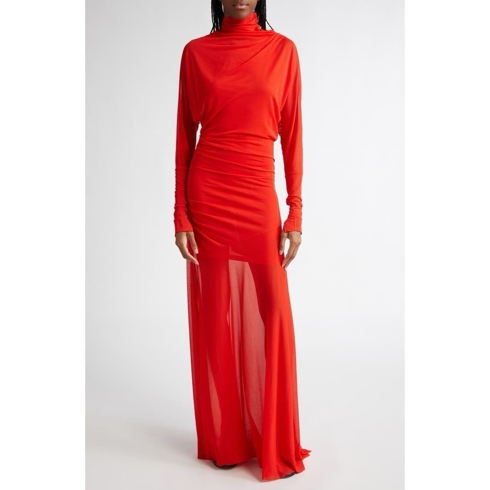 Proenza Schouler Paula Draped Jersey Turtleneck Maxi Dress Red Sheer Sz 12 - Picture 3 of 17